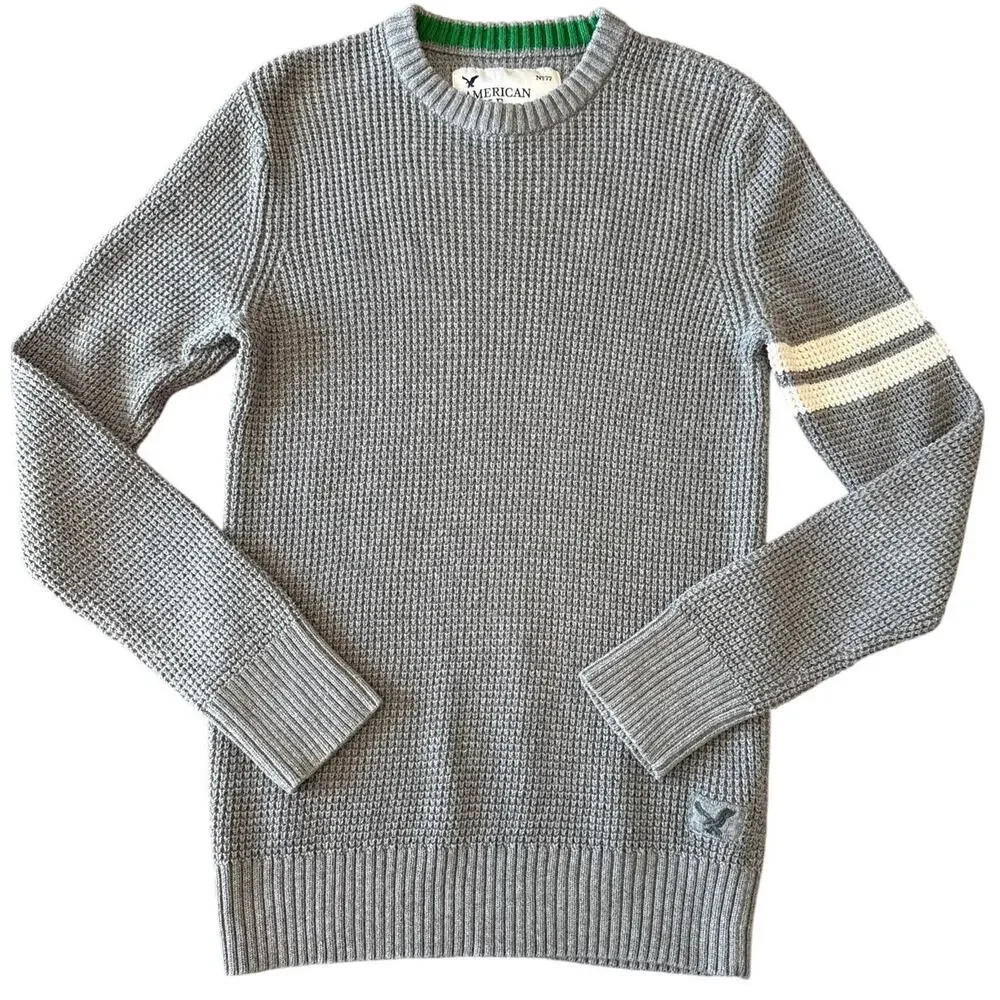American Eagle Men’s Waffle Knit Sweater Gray White Striped 2009 Medium
